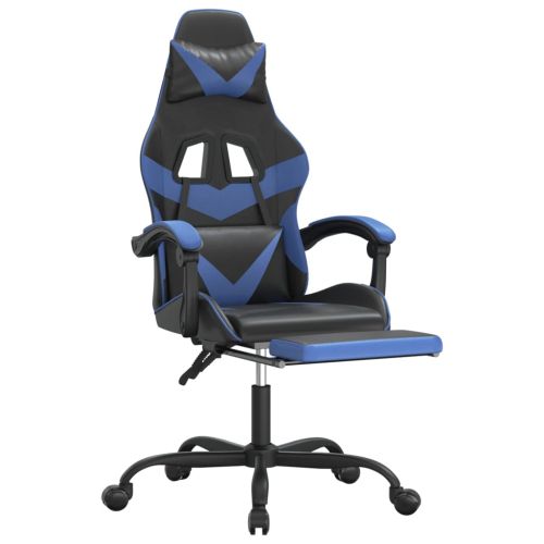 Въртящ гейминг стол с опора за крака черно-син изкуствена кожа