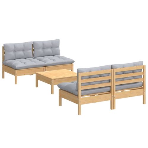 Градински лаундж комплект със сиви възглавници, 5 части, бор