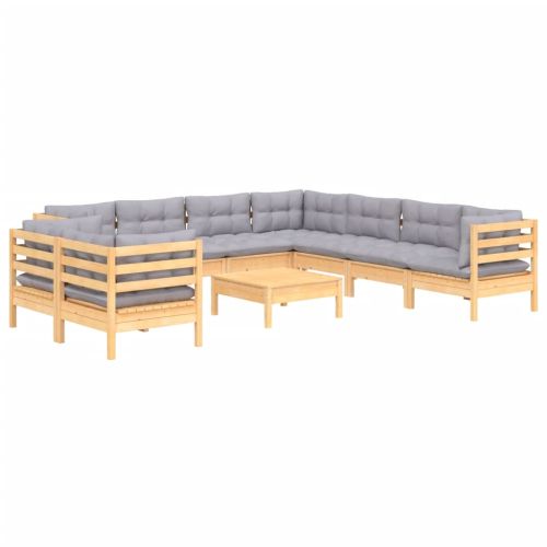 Градински комплект със сиви възглавници, 10 части, бор масив