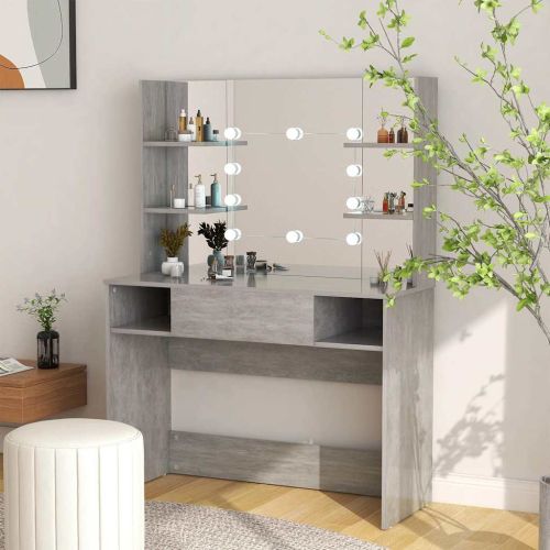 Тоалетка с LED лампи, 100x40x135 см, МДФ, бетонно сиво