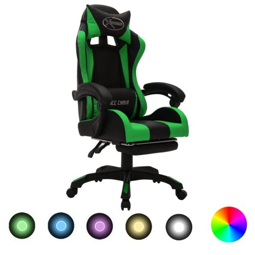 Геймърски стол RGB LED осветление зелено/черно изкуствена кожа