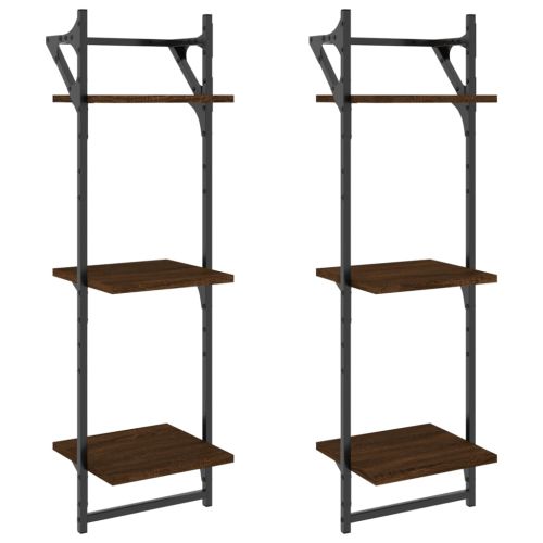 Триетажни стенни рафтове с пръти 2 бр кафяв дъб 30x25x100 см