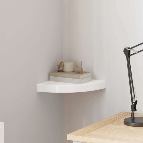 Плаващ ъглов рафт, бял гланц, 25x25x3,8 см, MDF