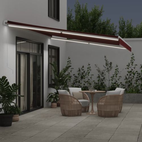 Ръчно прибираща се тента с LED, бордо, 500x350 см