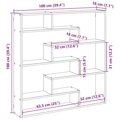 Стенен кубичен рафт, 7 отделения, опушен дъб, инженерно дърво