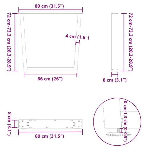 Крака за трапезна маса, V-образни, 2 бр., естествена стомана, 80 x (72-73,3) см, стомана
