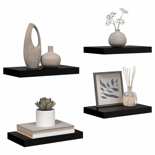 Окачени стенни рафтове, 4 бр, черен гланц, 40x23,5x3,8 см, МДФ