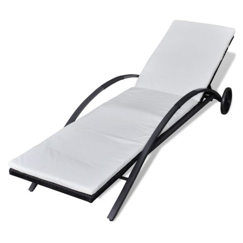 Шезлонг с шалте и колелца, черен полиратан