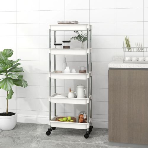 Кухненска количка на 5 нива, бяла, 42x29x128 см, желязо и ABS