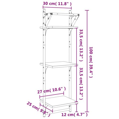 Триетажни стенни рафтове с пръти 2 бр черни 30x25x100 см