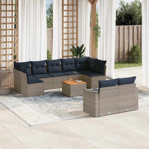 Градински диван с възглавници, 10 части, полиратан, сив