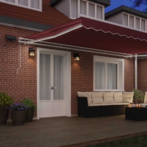 Ръчно прибираща се тента с LED, бордо, 500x300 см