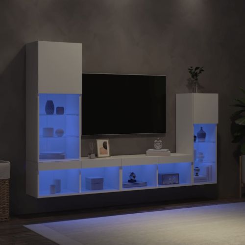 ТВ стенни модули с LED, 4 части, бели, инженерно дърво