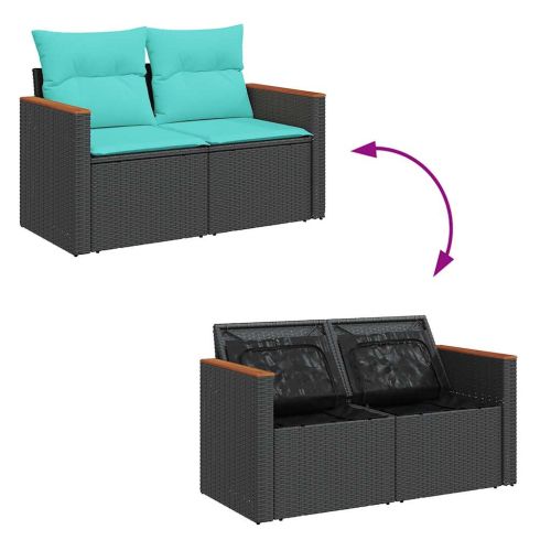 Градински диван с възглавници, 8 части, черен полиратан, акация
