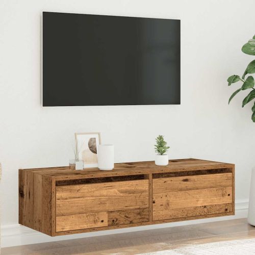 ТВ шкаф с LED осветление, старо дърво, 100X35,5x25 см