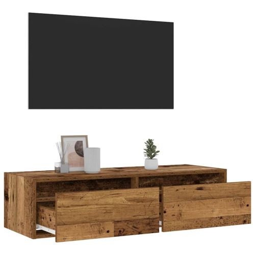 ТВ шкаф с LED осветление, старо дърво, 100X35,5x25 см