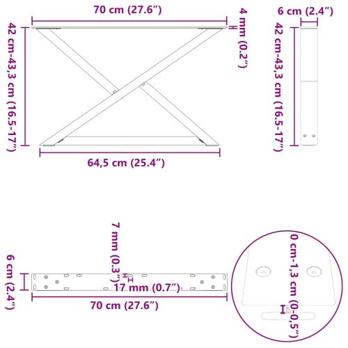 Крака за масичка за кафе, 2 бр., естествена стомана, 70 x (42-43,3) см, стомана