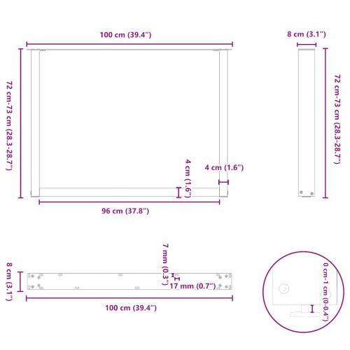 Крака за трапезна маса, U-образни, 2 бр., естествена стомана, 100 x (72-73) см, стомана