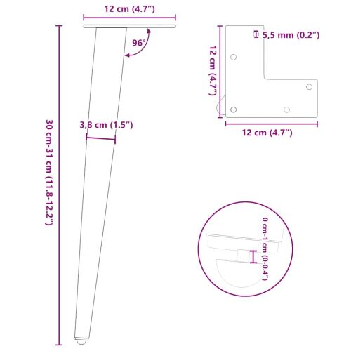 Крака за масичка за кафе, конична форма, 4 бр., бели, 30-31 см, стомана