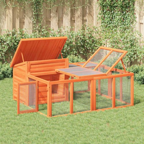 Клетка за зайци кафява 144x123x67,5 см борово дърво масив