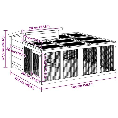 Клетка за зайци кафява 144x123x67,5 см борово дърво масив