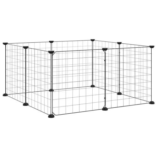 8-панелен кът за домашни любимци с врата, черна, 70x70x35 см, стомана