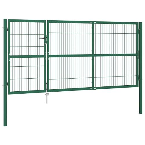 Градинска оградна порта с колони 350x140 см, стомана, зелена