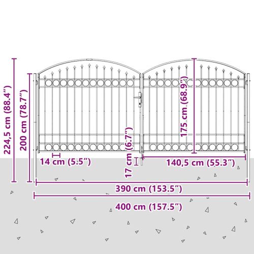 Оградна порта ASSEN с двойна врата с арковиден връх, стомана 400x175 см