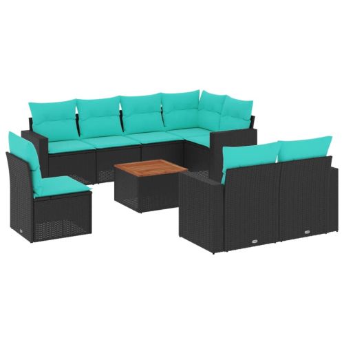 Градински комплект диван с възглавници 9 части черен полиратан