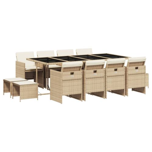 Градински комплект с възглавници, 13 части, бежов полиратан