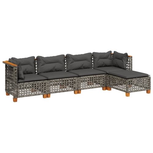 Градински комплект с възглавници, 5 части, сив полиратан