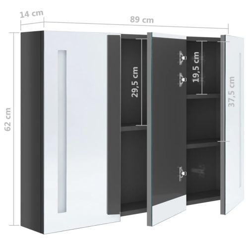LED шкаф с огледало за баня, 89x14x62 см, блестящо сив