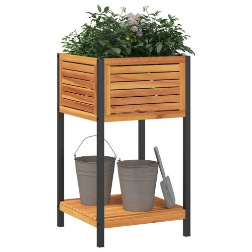 Градинска кашпа с рафт 45x45x80 см масивна акация и стомана