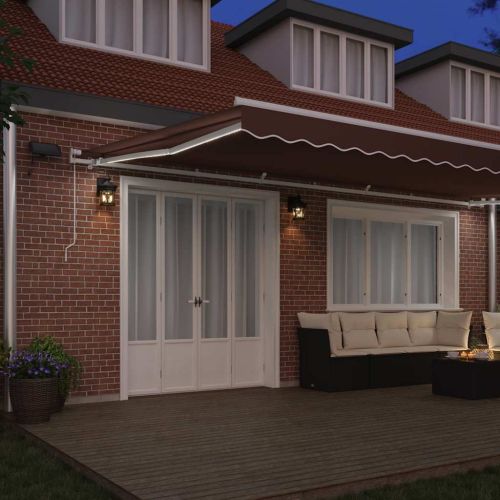 Ръчно прибираща се тента с LED, кафяв, 600x300 см