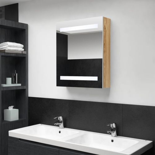 LED шкаф с огледало за баня, бяло и дъб, 50x14x60 см