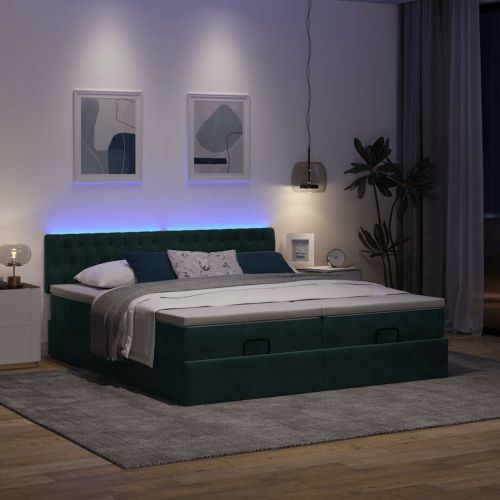 Османска легло с матраци и LED, тъмнозелено, 160x200 см, кадифе
