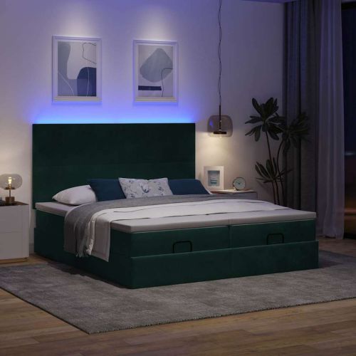 Османска легло с матраци и LED, тъмнозелено, 160x200 см, кадифе