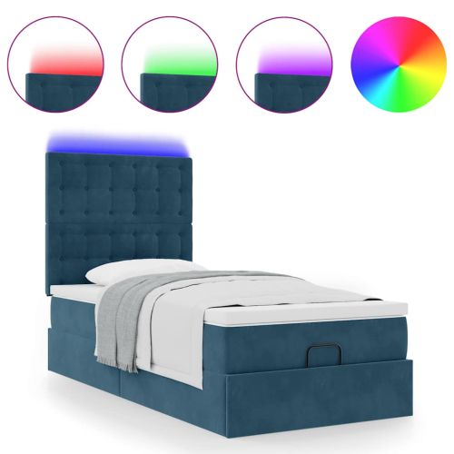 Османска легло с матраци и LED, тъмносиньо, 90x190 см, кадифе