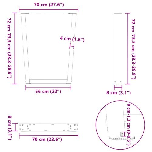 Крака за трапезна маса, V-образни, 3 бр., естествена стомана, 70 x (72-73,3) см, стомана