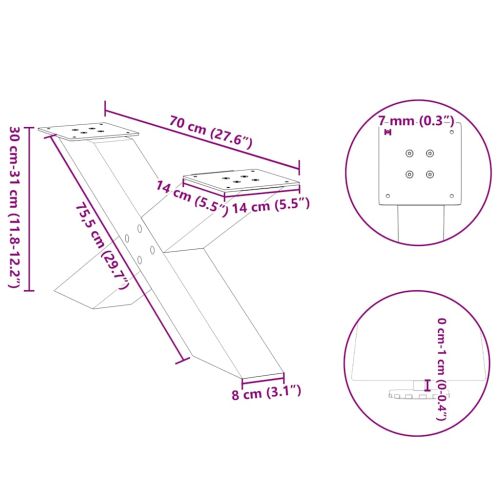 Крака за масичка за кафе, X-образни, 2 бр., антрацит, 70x(30-31) см, стомана