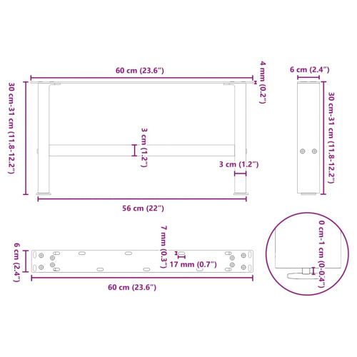 Крака за масичка за кафе, естествена стомана, 2 бр., 60 x (30-31) см, стомана