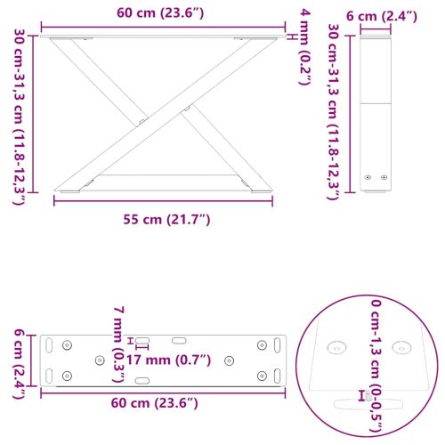 Крака за масичка за кафе, 2 бр., бели, 60 x (30-31,3) см, стомана