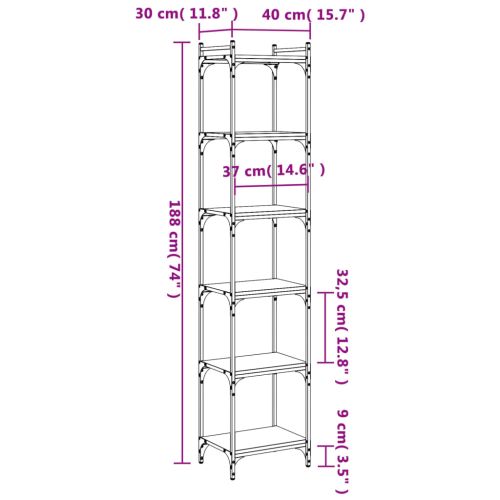 Библиотека 6 рафта кафяв дъб 40x30x188 см инженерно дърво