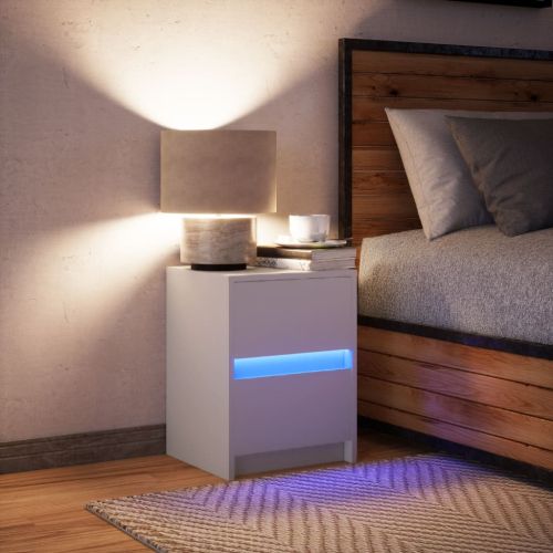 Нощно шкафче с LED осветление, бяло, инженерно дърво