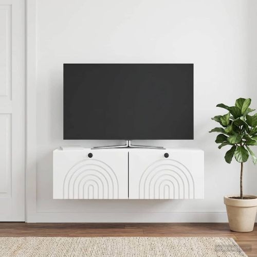 Стенно монтиран ТВ шкаф Бял гланц 98 x 41 x 30 см