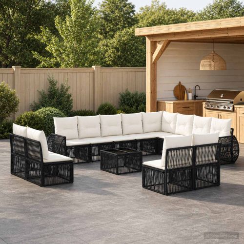 Градински Софа Комплект 13 pcs Черно и кремаво бяло полиратан