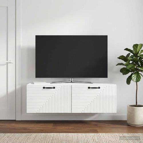 Стенно монтиран ТВ шкаф Бял гланц 98 x 41 x 30 см