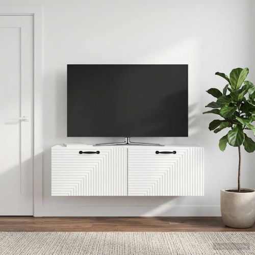 Стенно монтиран ТВ шкаф Бял гланц 98 x 31 x 30 см