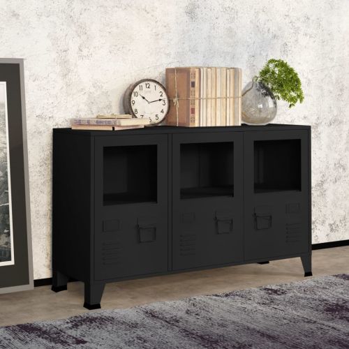 Индустриален бюфет черен 105x35x62 см метал и стъкло