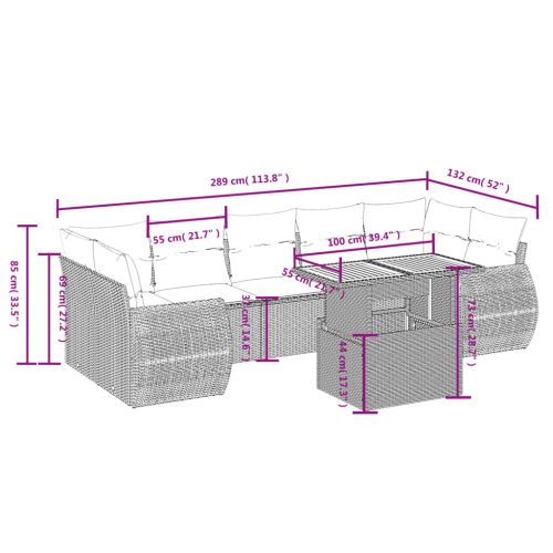 Градински диван с възглавници, 8 части, бежов полиратан